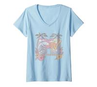 Donna MTV Pastel Beach with Palms And Hibiscus Flowers Retro Maglietta con Collo a V