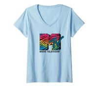 Donna MTV Rainbow Zebra Stripe Logo Maglietta con Collo a V