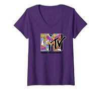 Donna MTV Retro 90's Collectibles Logo Maglietta con Collo a V, Viola, M