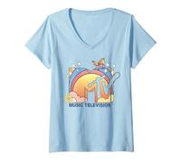 Donna MTV Retro Rainbow Clouds And Butterfly Maglietta con Collo a V
