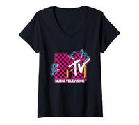 Donna MTV Retro Vintage Checkered Monster Hands Maglietta con Collo a V