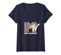 Donna MTV Vintage Cheetah Print Music Television Maglietta con Collo a V, Navy, L