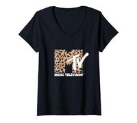 Donna MTV Vintage Cheetah Print Music Television Maglietta con Collo a V, Nero, S