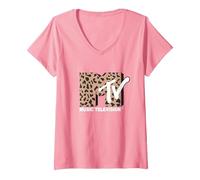 Donna MTV Vintage Cheetah Print Music Television Maglietta con Collo a V, Rosa, XL