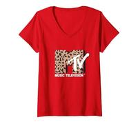 Donna MTV Vintage Cheetah Print Music Television Maglietta con Collo a V, Rosso, S