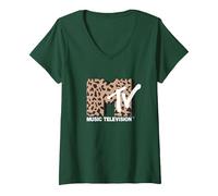 Donna MTV Vintage Cheetah Print Music Television Maglietta con Collo a V, Verde Foresta, L