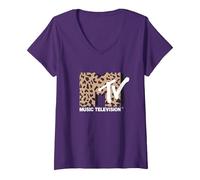 Donna MTV Vintage Cheetah Print Music Television Maglietta con Collo a V, Viola, S