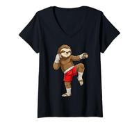 Donna Muay Thai Bradipo Boxe Thailandese Bambino Uomo Maglietta con Collo a V