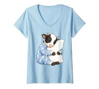 Donna Mucca Che Dorme in Pigiama Carino Sonno Maglietta con Collo a V