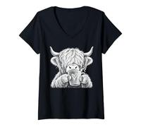 Donna Mucca delle Highland Bere caffè Carino Animale Mucca Occidentale Meme Maglietta con Collo a V