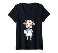 Donna Mucca Dottoressa - Personaggio Cartoon con Cartella Clinica Maglietta con Collo a V