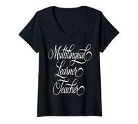 Donna Multilingue Studente Insegnante Elegante Script Tipografia Maglietta con Collo a V