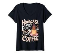 Donna Mum Yoga Coffee Funny Namaste Saying Design Festa Mama Maglietta con Collo a V