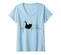 Donna Munchkin Cat Heartbeat ECG Divertente Gamba Corta Amante dei Gatti Maglietta con Collo a V