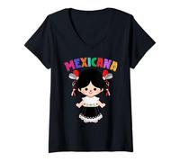 Donna Muñeca Mexican Doll Lele Patrimonial Beauty of Querétaro Mex Maglietta con Collo a V