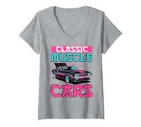 Donna Muscle Car Classica, Stile retrò Anni '80, Design Synthwave per Amanti delle Auto Maglietta con Collo a V