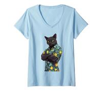 Donna Muscoloso gatto nero che indossa un fresco hawaiano Tee Summer Gym Maglietta con Collo a V