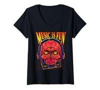 Donna Music is Fun - Cuffie e Lettore Audio retrò con Teschio Maglietta con Collo a V