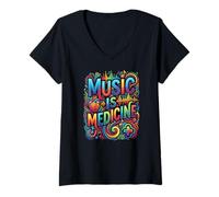Donna Music Is Medicine Colorato Soundwave Cuore Design Maglietta con Collo a V