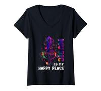 Donna Music Is My Happy-Place - Nota Musicale Ispirata Maglietta con Collo a V