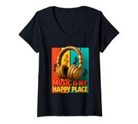 Donna Music Is My Happy Places Musicista EDM Amanti della Musica DJ Maglietta con Collo a V