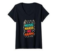 Donna Music Makes Me Happy, note musicali colorate vintage divertenti Maglietta con Collo a V