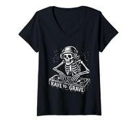 Donna Musica EDM Old Skool Raver Skeleton DJ Rave To The Grave Maglietta con Collo a V