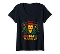 Donna Musica in Vinile per DJ Junglist Massive Lion Rasta Colors Maglietta con Collo a V