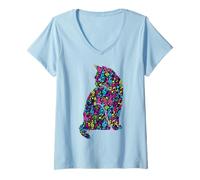 Donna Musica Note Gatto Silhouette Musical Cats Lover Design Maglietta con Collo a V