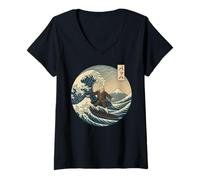 Donna Musicista classico JS Bach Ukiyo-e Surfing Katakana Maglietta con Collo a V