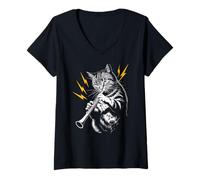 Donna Musik Cat che suona lo strumento di oboe su Cat Oboist Maglietta con Collo a V