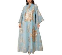 Donna Musulmano Abaya Vestito Abiti di Preghiera Islamico Caftano Maxi Abiti Dorato Ricamo di Perline Arabo Filato Robe, Light Blue, XL