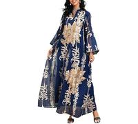 Donna Musulmano Abaya Vestito Abiti di Preghiera Islamico Caftano Maxi Abiti Dorato Ricamo di Perline Arabo Filato Robe, Blue, XL