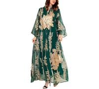 Donna Musulmano Abaya Vestito Abiti di Preghiera Islamico Caftano Maxi Abiti Dorato Ricamo di Perline Arabo Filato Robe, Green, XL