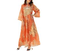 Donna Musulmano Abaya Vestito Abiti di Preghiera Islamico Caftano Maxi Abiti Dorato Ricamo di Perline Arabo Filato Robe, Orange, S