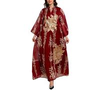 Donna Musulmano Abaya Vestito Abiti di Preghiera Islamico Caftano Maxi Abiti Dorato Ricamo di Perline Arabo Filato Robe, Red, M