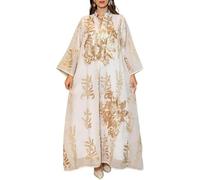 Donna Musulmano Abaya Vestito Abiti di Preghiera Islamico Caftano Maxi Abiti Dorato Ricamo di Perline Arabo Filato Robe, White, M