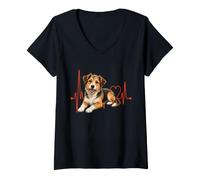 Donna Mutt Dog Lover Heartbeat ECG Pulse Stile Misto Razza Maglietta con Collo a V