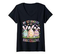 Donna My 1st Graders Are Eggccellent - Easter First Grade Teacher Maglietta con Collo a V
