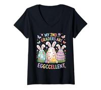 Donna My 2nd Graders Are Eggccellent - Easter Teacher Bunny Eggs Maglietta con Collo a V