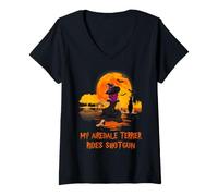 Donna My Airedale Terrier Rides Shotgun Dog And Witch Halloween Maglietta con Collo a V