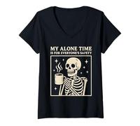 Donna My Alone Time Is for Everyones Safety Skeleton Coffee Maglietta con Collo a V