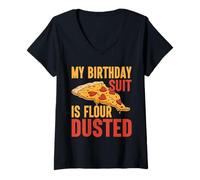 Donna My Birthday Suit is Farina Dusted Pizza Compleanno Maglietta con Collo a V