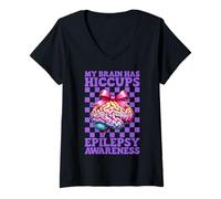 Donna My Brain Has Hiccups Epilessia Consapevolezza Ragazza Mamma Viola Maglietta con Collo a V