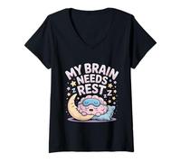 Donna My Brain Needs Rest Burnout Stanco Umore Esausto - Maglietta con Collo a V
