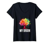 Donna My Brain Tree Rainbow Splash Neurodivergente Adulto Maglietta con Collo a V