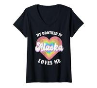 Donna My Brother in Alaska Loves Me Heart USA Stato USA Maglietta con Collo a V