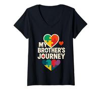 Donna My Brother's Journey Cuore Puzzle Consapevolezza Autismo Maglietta con Collo a V