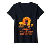 Donna My Cane Corso Rides Shotgun Dog And Witch Funny Halloween Maglietta con Collo a V