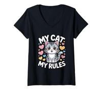 Donna My Cat My Rules Maglietta con Collo a V